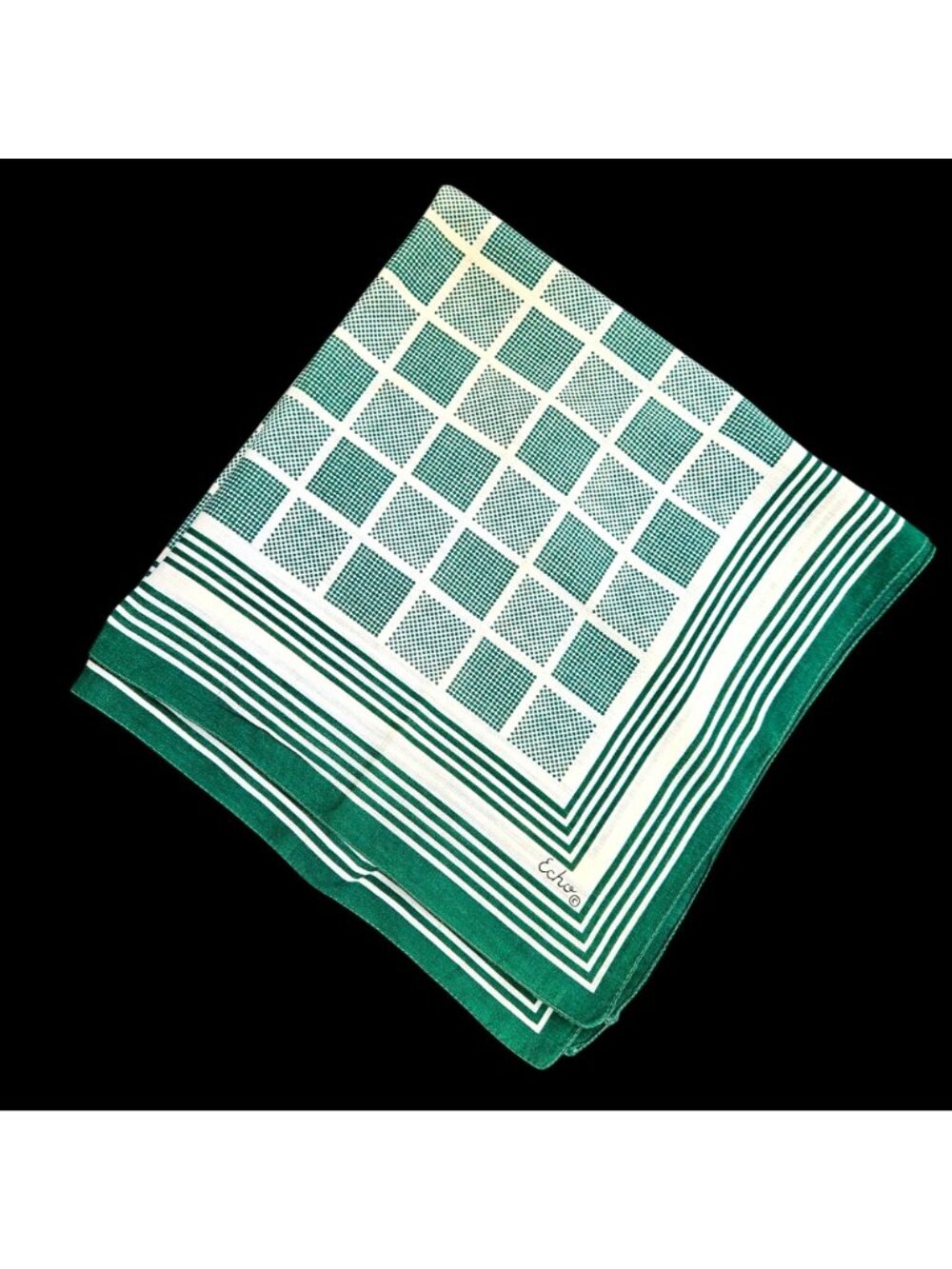 Vintage Echo Green White Stripe Grid Cotton Square Scarf 25x26 - Picture 9 of 9